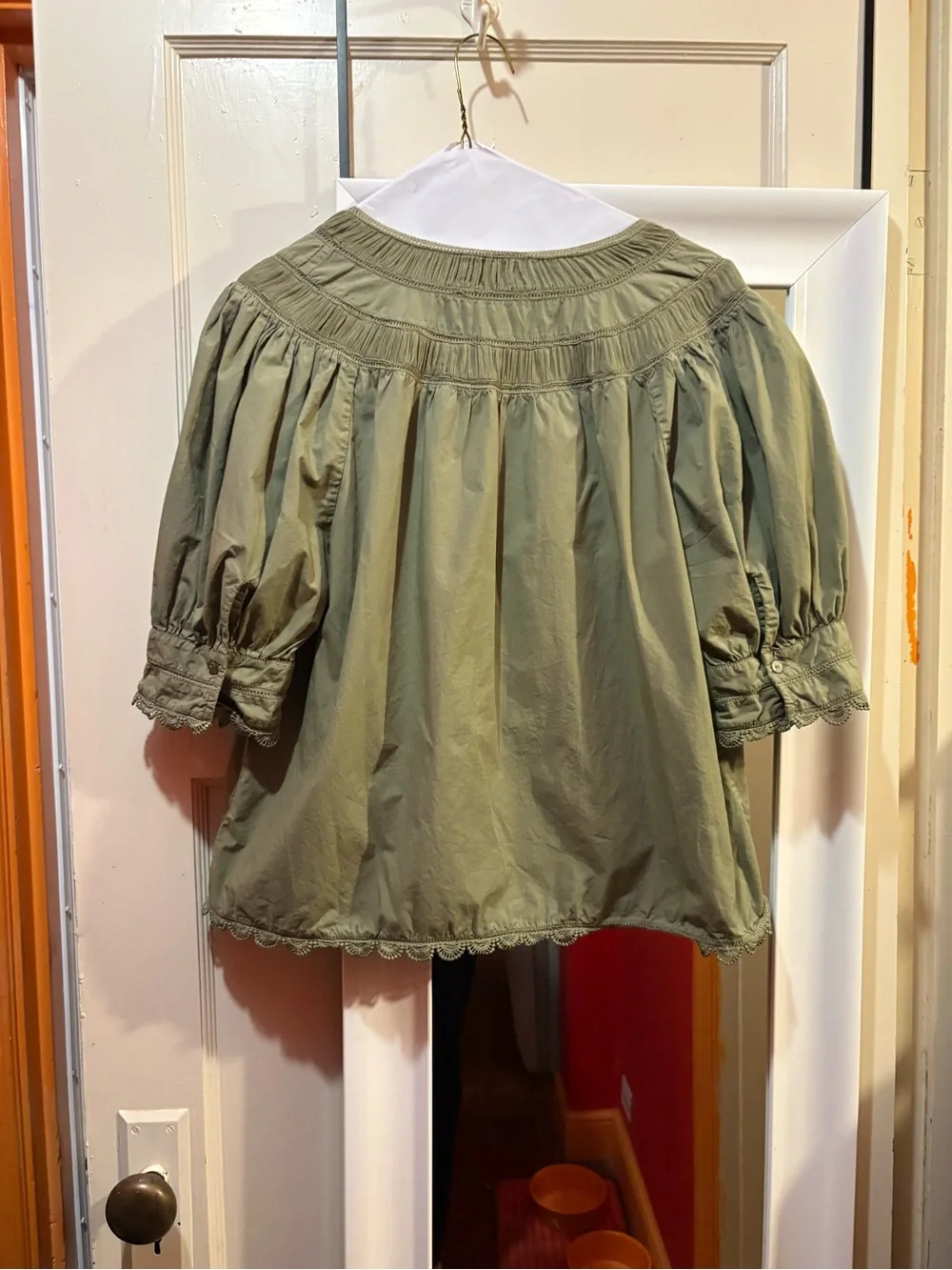 Ulla Johnson Olive Green cotton lace trim puff sleeve Peasant Blouse size 8